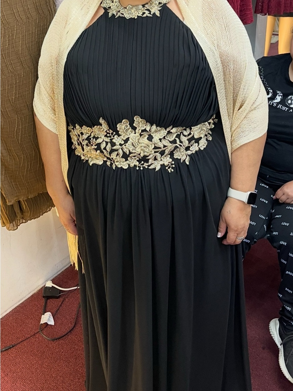 Elegant Black Evening Dress with Gold Embroidered Waist